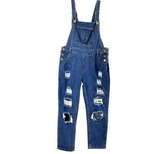 Bib Overalls Girls Medium 31" W Distressed Medium Wash Denim Streetwear Grunge